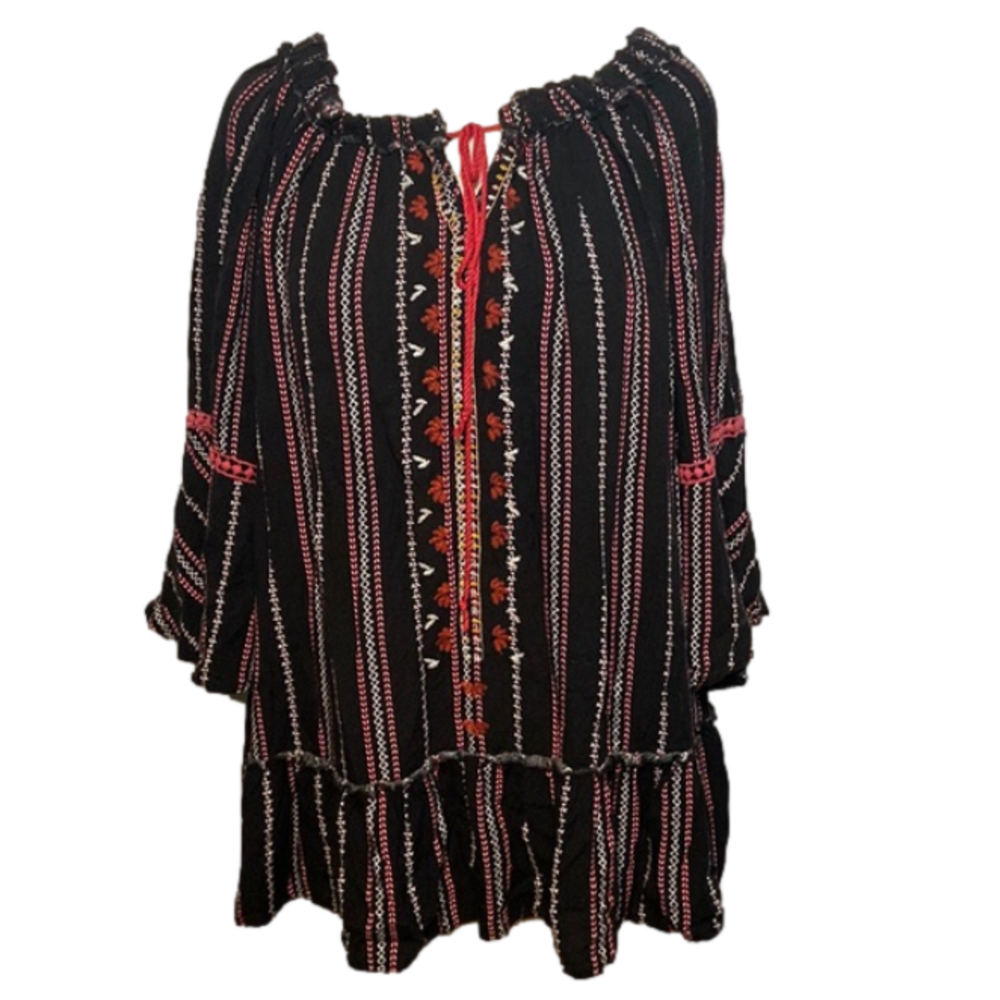 Susan Betro 3/4 Sleeves Elastic Neckline Tie Front Black Rust XL
